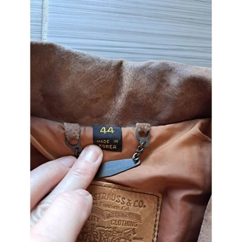 Vintage Levis Mens Bomber  Brown Suede Jacket Size 44 L Button Cuffs Zip Front - Picture 7 of 12